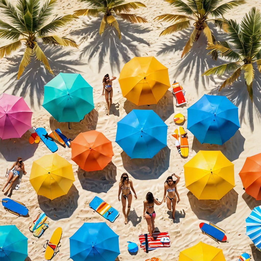 A vibrant summer beach scene featuring diverse models showcasing the latest bikini trends, surrounded by colorful beach umbrellas and sun loungers. Capture the essence of joy and fun with clear blue skies, golden sand, and tropical palm trees in the background. Include playful elements like beach balls and surfboards to create a lively atmosphere. Use a warm color palette to evoke summer vibes. super-realistic. vibrant colors. 3D.